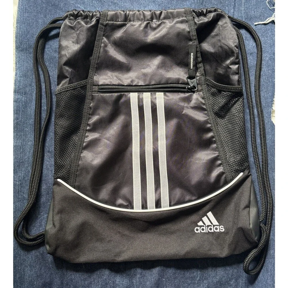 adidas Black Drawstring Gym Bag with Mesh & Zippered Pockets, Reflective Stripes